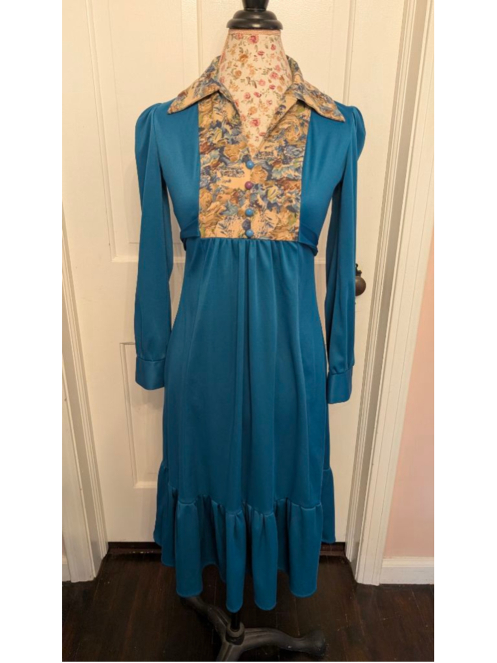 vintage 60s 70s Teal Long Sleeve Dress with Floral Print, Size 10